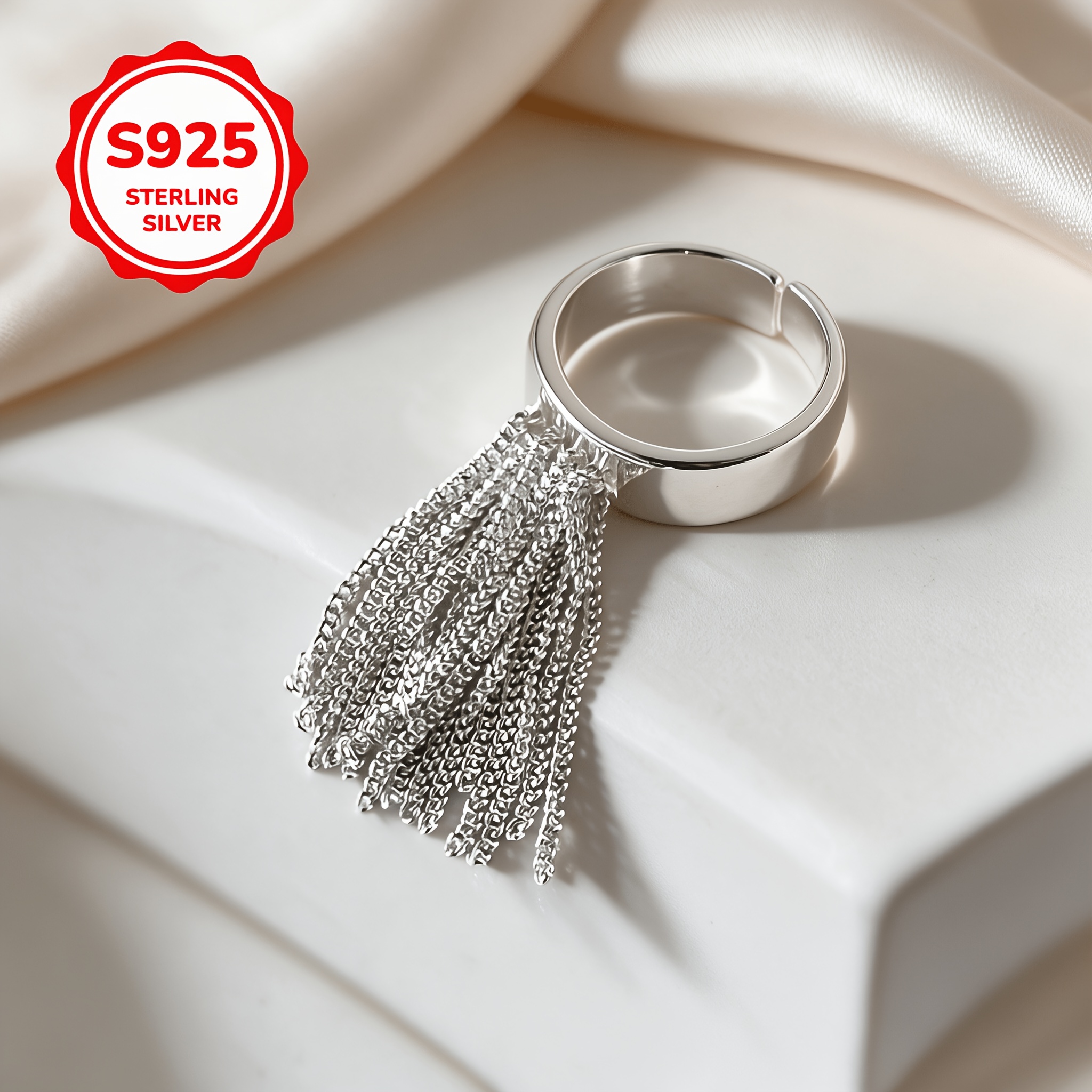 925 Silver Geometric Tassel Long Chain Adjustable Ring